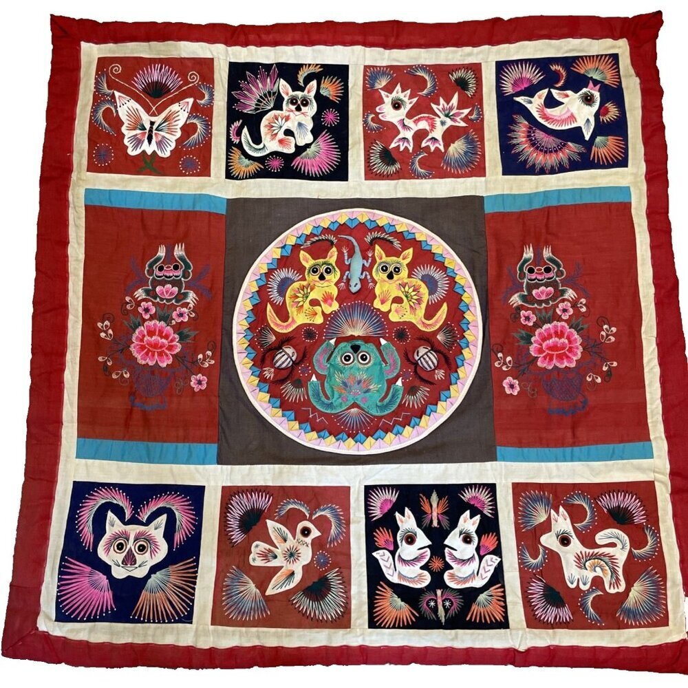 Vtg Bai Jia Bei Chinese Quilt Wall Hanging One Hundred Families Double Sided 3D
